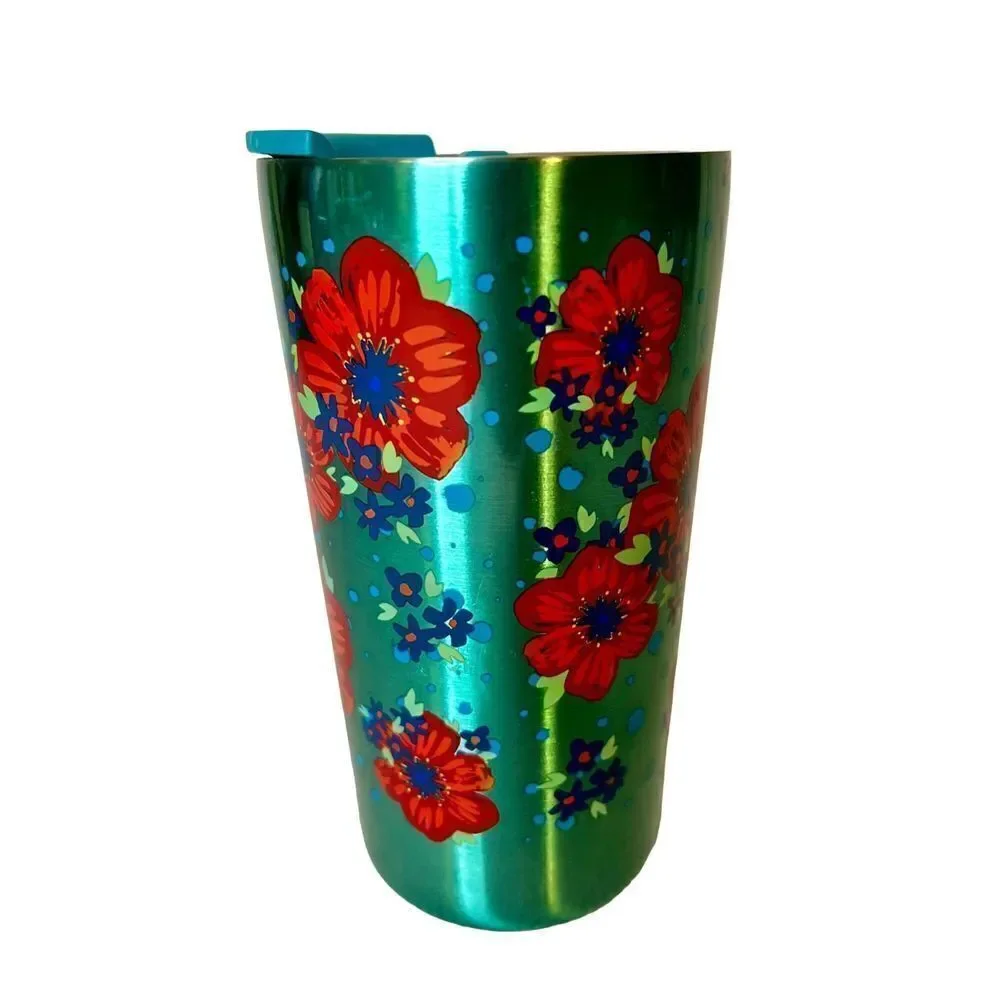 Pioneer Woman Teal W/Red Flowers Stainless Steel Travel Mug With Lid 20 Oz